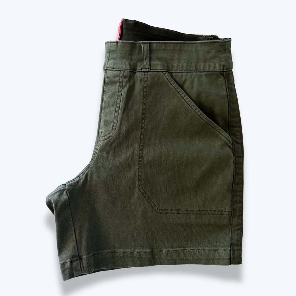 Spanx 6" Stretch Twill Shorts Olive Green Built-In Shaping Size Medium Gorpcore - Picture 3 of 7
